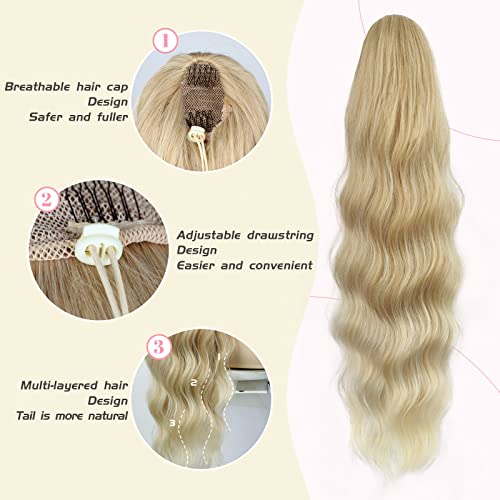Ponytail Extension, 26 Inch Long Wavy Drawstring Ponytail for Women Dark Brown Pony Tail Hair Extension Synthetic Hairpiece for Daily Use