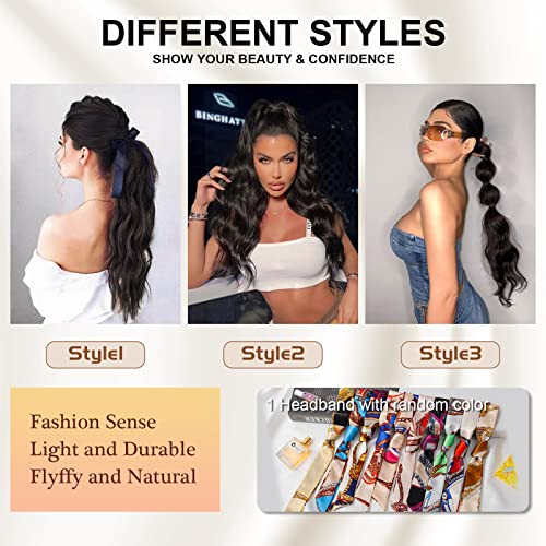 Ponytail Extension, 26 Inch Long Wavy Drawstring Ponytail for Women Dark Brown Pony Tail Hair Extension Synthetic Hairpiece for Daily Use
