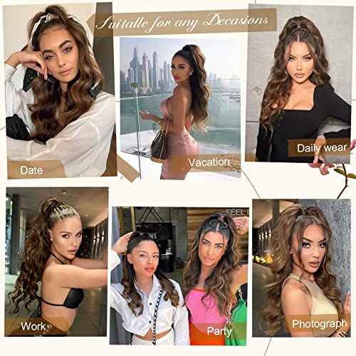 Ponytail Extension, 26 Inch Long Wavy Drawstring Ponytail for Women Dark Brown Pony Tail Hair Extension Synthetic Hairpiece for Daily Use