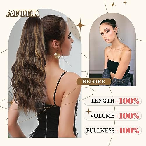 Ponytail Extension, 26 Inch Long Wavy Drawstring Ponytail for Women Dark Brown Pony Tail Hair Extension Synthetic Hairpiece for Daily Use