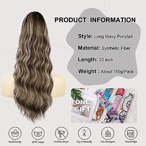 Ponytail Extension, 26 Inch Long Wavy Drawstring Ponytail for Women Dark Brown Pony Tail Hair Extension Synthetic Hairpiece for Daily Use