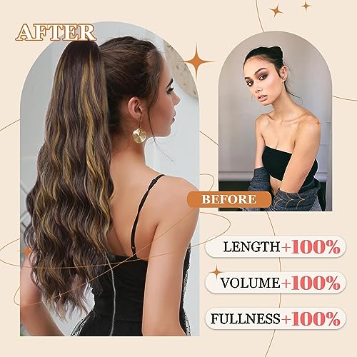 Ponytail Extension, 26 Inch Long Wavy Drawstring Ponytail for Women Dark Brown Pony Tail Hair Extension Synthetic Hairpiece for Daily Use