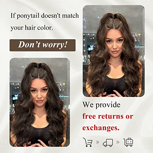 Ponytail Extension, 26 Inch Long Wavy Drawstring Ponytail for Women Dark Brown Pony Tail Hair Extension Synthetic Hairpiece for Daily Use
