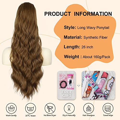 Ponytail Extension, 26 Inch Long Wavy Drawstring Ponytail for Women Dark Brown Pony Tail Hair Extension Synthetic Hairpiece for Daily Use