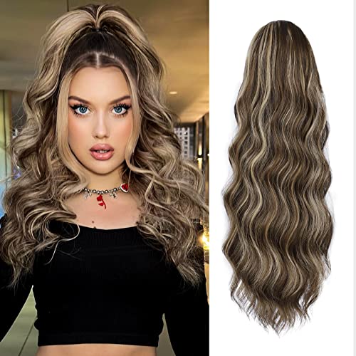 Ponytail Extension, 26 Inch Long Wavy Drawstring Ponytail for Women Dark Brown Pony Tail Hair Extension Synthetic Hairpiece for Daily Use