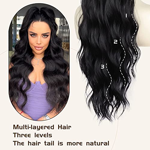 Ponytail Extension, 26 Inch Long Wavy Drawstring Ponytail for Women Dark Brown Pony Tail Hair Extension Synthetic Hairpiece for Daily Use