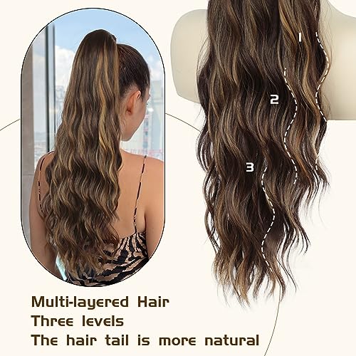 Ponytail Extension, 26 Inch Long Wavy Drawstring Ponytail for Women Dark Brown Pony Tail Hair Extension Synthetic Hairpiece for Daily Use