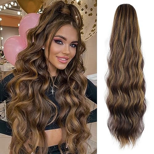 Ponytail Extension, 26 Inch Long Wavy Drawstring Ponytail for Women Dark Brown Pony Tail Hair Extension Synthetic Hairpiece for Daily Use
