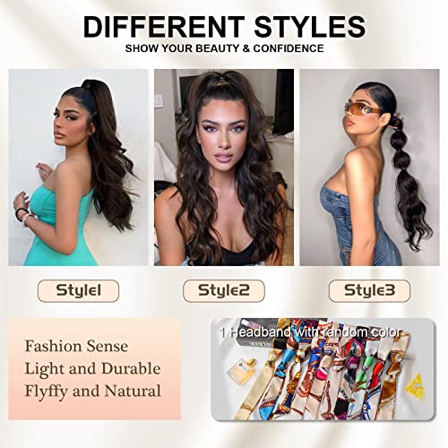 Ponytail Extension, 26 Inch Long Wavy Drawstring Ponytail for Women Dark Brown Pony Tail Hair Extension Synthetic Hairpiece for Daily Use