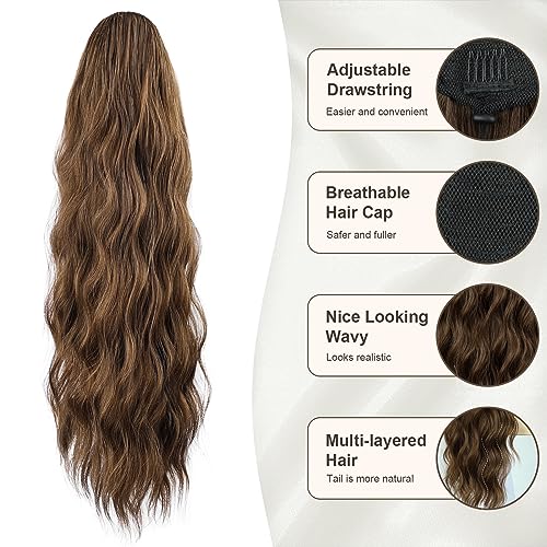 Ponytail Extension, 26 Inch Long Wavy Drawstring Ponytail for Women Dark Brown Pony Tail Hair Extension Synthetic Hairpiece for Daily Use