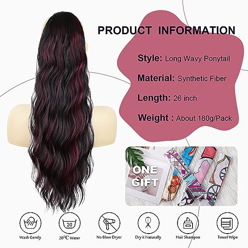 Ponytail Extension, 26 Inch Long Wavy Drawstring Ponytail for Women Dark Brown Pony Tail Hair Extension Synthetic Hairpiece for Daily Use