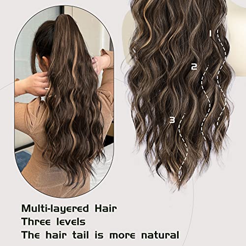 Ponytail Extension, 26 Inch Long Wavy Drawstring Ponytail for Women Dark Brown Pony Tail Hair Extension Synthetic Hairpiece for Daily Use