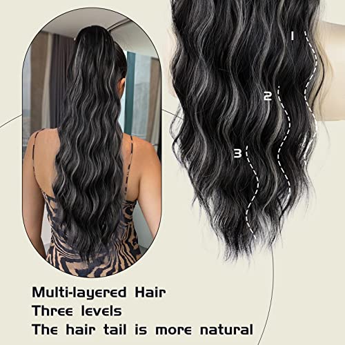 Ponytail Extension, 26 Inch Long Wavy Drawstring Ponytail for Women Dark Brown Pony Tail Hair Extension Synthetic Hairpiece for Daily Use