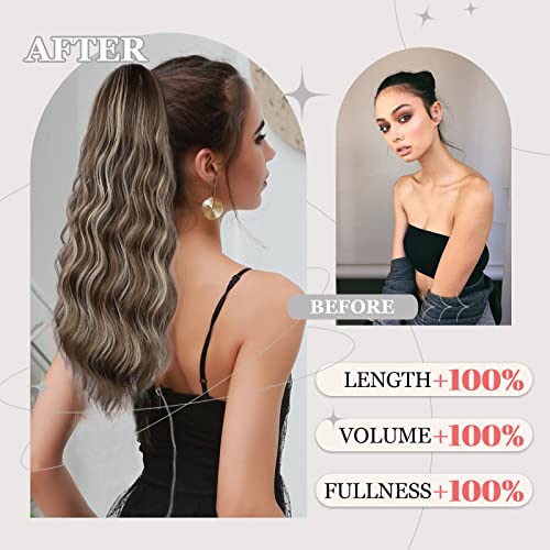 Ponytail Extension, 26 Inch Long Wavy Drawstring Ponytail for Women Dark Brown Pony Tail Hair Extension Synthetic Hairpiece for Daily Use