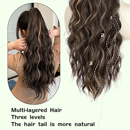 Ponytail Extension, 26 Inch Long Wavy Drawstring Ponytail for Women Dark Brown Pony Tail Hair Extension Synthetic Hairpiece for Daily Use