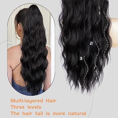 Ponytail Extension, 26 Inch Long Wavy Drawstring Ponytail for Women Dark Brown Pony Tail Hair Extension Synthetic Hairpiece for Daily Use