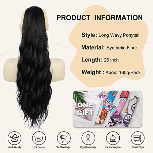 Ponytail Extension, 26 Inch Long Wavy Drawstring Ponytail for Women Dark Brown Pony Tail Hair Extension Synthetic Hairpiece for Daily Use