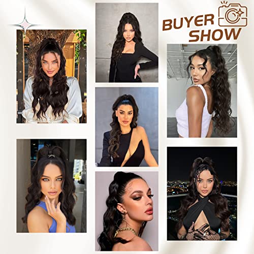 Ponytail Extension, 26 Inch Long Wavy Drawstring Ponytail for Women Dark Brown Pony Tail Hair Extension Synthetic Hairpiece for Daily Use