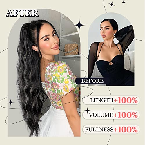Ponytail Extension, 26 Inch Long Wavy Drawstring Ponytail for Women Dark Brown Pony Tail Hair Extension Synthetic Hairpiece for Daily Use