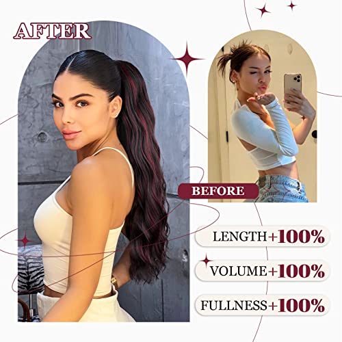 Ponytail Extension, 26 Inch Long Wavy Drawstring Ponytail for Women Dark Brown Pony Tail Hair Extension Synthetic Hairpiece for Daily Use