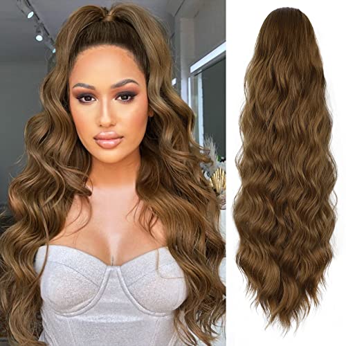 Ponytail Extension, 26 Inch Long Wavy Drawstring Ponytail for Women Dark Brown Pony Tail Hair Extension Synthetic Hairpiece for Daily Use