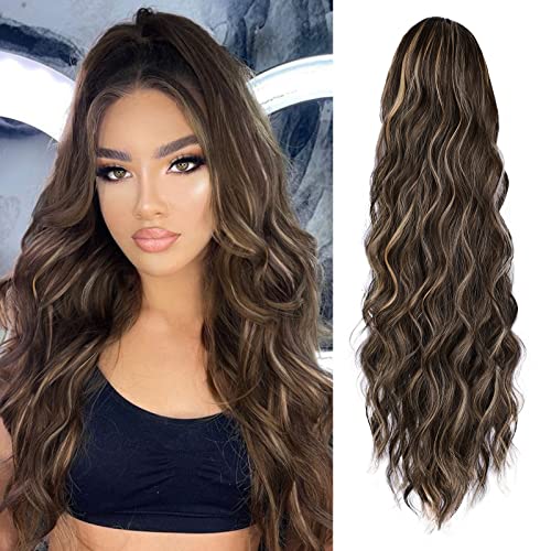 Ponytail Extension, 26 Inch Long Wavy Drawstring Ponytail for Women Dark Brown Pony Tail Hair Extension Synthetic Hairpiece for Daily Use