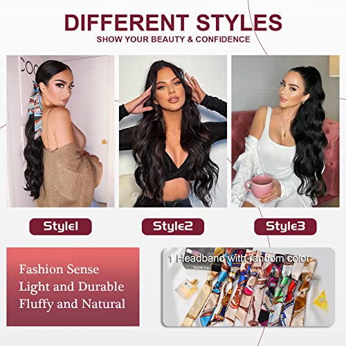 Ponytail Extension, 26 Inch Long Wavy Drawstring Ponytail for Women Dark Brown Pony Tail Hair Extension Synthetic Hairpiece for Daily Use
