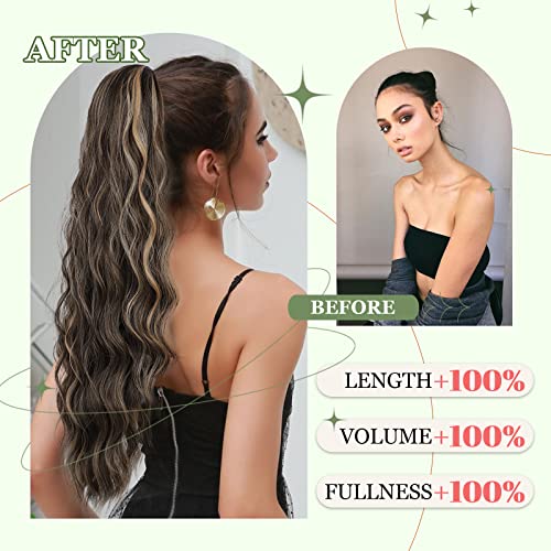 Ponytail Extension, 26 Inch Long Wavy Drawstring Ponytail for Women Dark Brown Pony Tail Hair Extension Synthetic Hairpiece for Daily Use