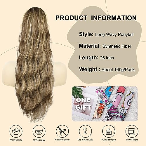Ponytail Extension, 26 Inch Long Wavy Drawstring Ponytail for Women Dark Brown Pony Tail Hair Extension Synthetic Hairpiece for Daily Use
