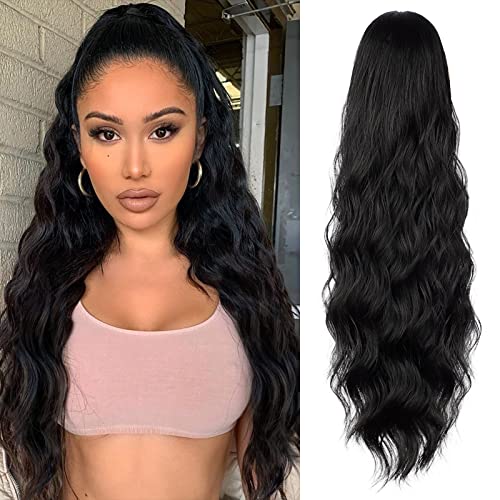 Ponytail Extension, 26 Inch Long Wavy Drawstring Ponytail for Women Dark Brown Pony Tail Hair Extension Synthetic Hairpiece for Daily Use