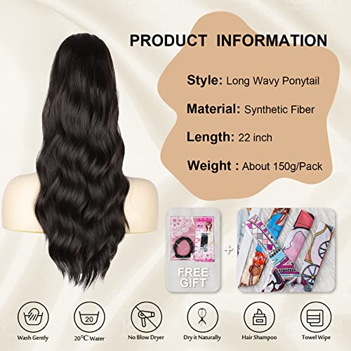 Ponytail Extension, 26 Inch Long Wavy Drawstring Ponytail for Women Dark Brown Pony Tail Hair Extension Synthetic Hairpiece for Daily Use