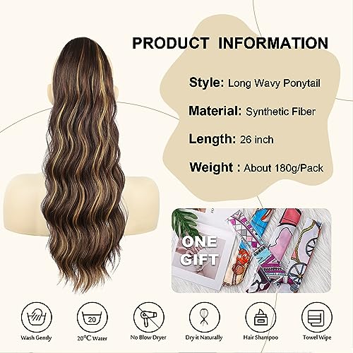 Ponytail Extension, 26 Inch Long Wavy Drawstring Ponytail for Women Dark Brown Pony Tail Hair Extension Synthetic Hairpiece for Daily Use