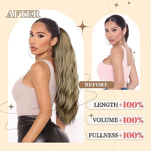 Ponytail Extension, 26 Inch Long Wavy Drawstring Ponytail for Women Dark Brown Pony Tail Hair Extension Synthetic Hairpiece for Daily Use