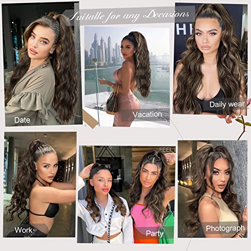 Ponytail Extension, 26 Inch Long Wavy Drawstring Ponytail for Women Dark Brown Pony Tail Hair Extension Synthetic Hairpiece for Daily Use