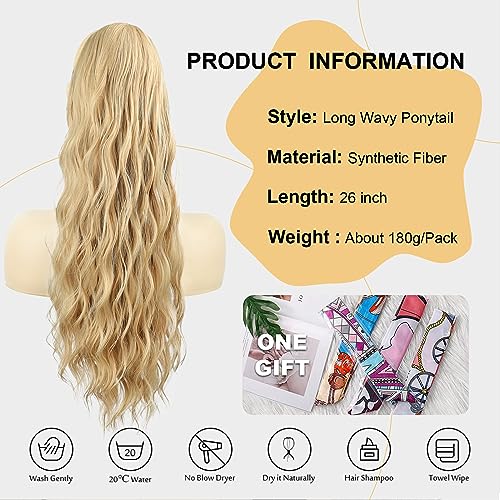 Ponytail Extension, 26 Inch Long Wavy Drawstring Ponytail for Women Dark Brown Pony Tail Hair Extension Synthetic Hairpiece for Daily Use