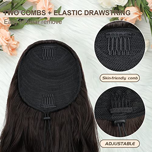 Ponytail Extension, 26 Inch Long Wavy Drawstring Ponytail for Women Dark Brown Pony Tail Hair Extension Synthetic Hairpiece for Daily Use
