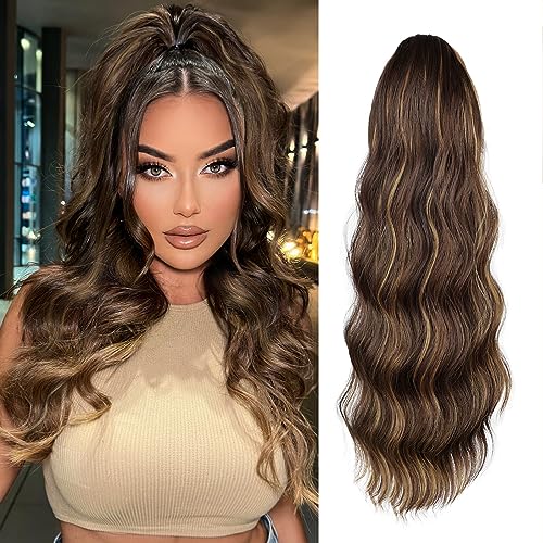 Ponytail Extension, 26 Inch Long Wavy Drawstring Ponytail for Women Dark Brown Pony Tail Hair Extension Synthetic Hairpiece for Daily Use