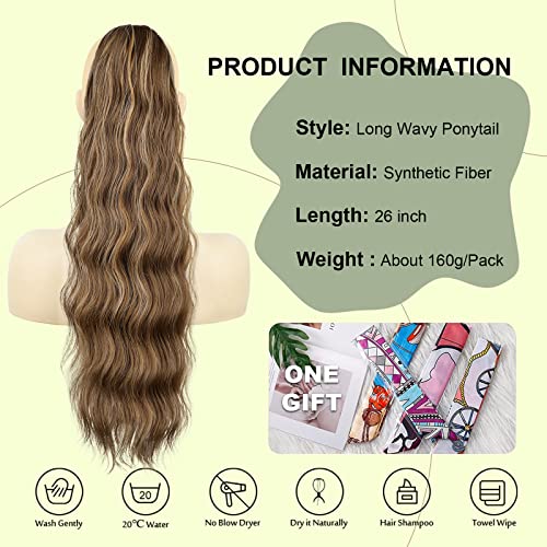 Ponytail Extension, 26 Inch Long Wavy Drawstring Ponytail for Women Dark Brown Pony Tail Hair Extension Synthetic Hairpiece for Daily Use
