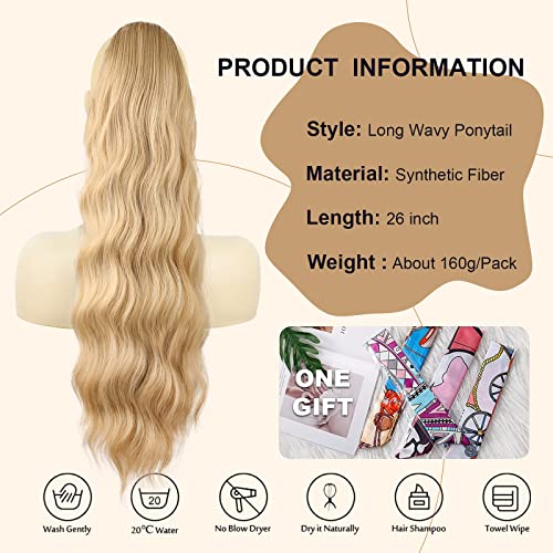 Ponytail Extension, 26 Inch Long Wavy Drawstring Ponytail for Women Dark Brown Pony Tail Hair Extension Synthetic Hairpiece for Daily Use