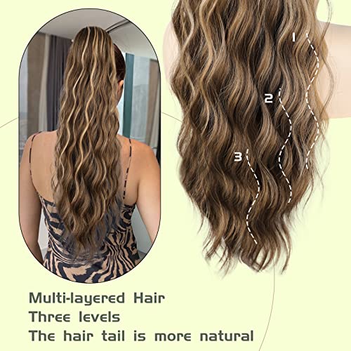Ponytail Extension, 26 Inch Long Wavy Drawstring Ponytail for Women Dark Brown Pony Tail Hair Extension Synthetic Hairpiece for Daily Use