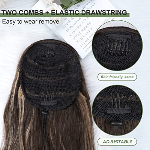 Ponytail Extension, 26 Inch Long Wavy Drawstring Ponytail for Women Dark Brown Pony Tail Hair Extension Synthetic Hairpiece for Daily Use