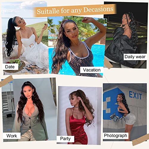 Ponytail Extension, 26 Inch Long Wavy Drawstring Ponytail for Women Dark Brown Pony Tail Hair Extension Synthetic Hairpiece for Daily Use