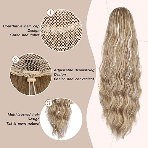 Ponytail Extension, 26 Inch Long Wavy Drawstring Ponytail for Women Dark Brown Pony Tail Hair Extension Synthetic Hairpiece for Daily Use