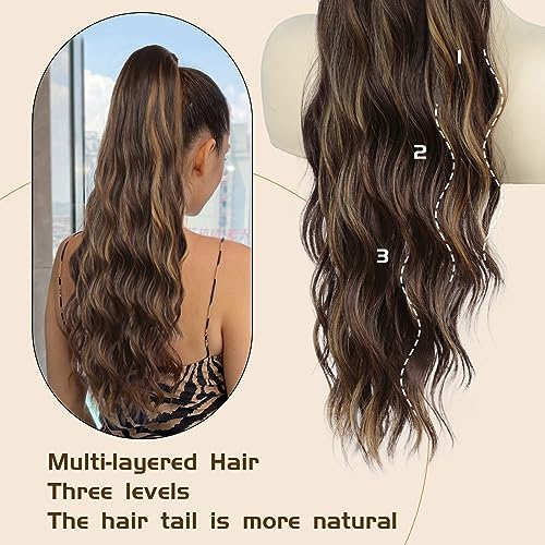Ponytail Extension, 26 Inch Long Wavy Drawstring Ponytail for Women Dark Brown Pony Tail Hair Extension Synthetic Hairpiece for Daily Use