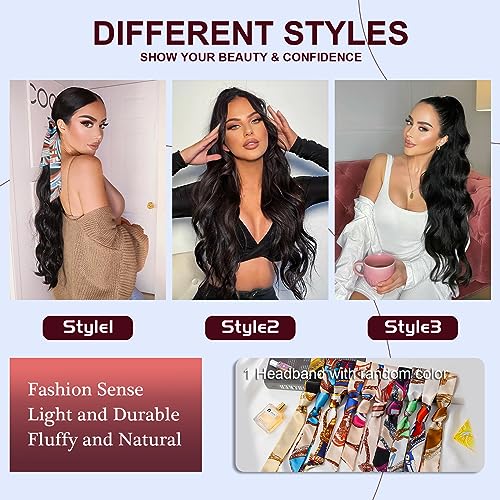 Ponytail Extension, 26 Inch Long Wavy Drawstring Ponytail for Women Dark Brown Pony Tail Hair Extension Synthetic Hairpiece for Daily Use
