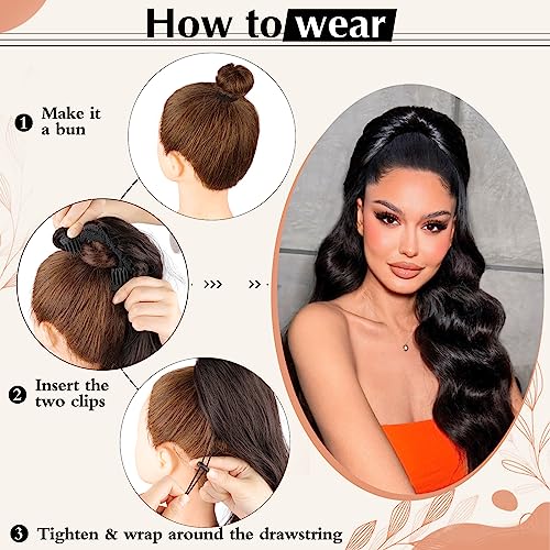 Ponytail Extension, 26 Inch Long Wavy Drawstring Ponytail for Women Dark Brown Pony Tail Hair Extension Synthetic Hairpiece for Daily Use