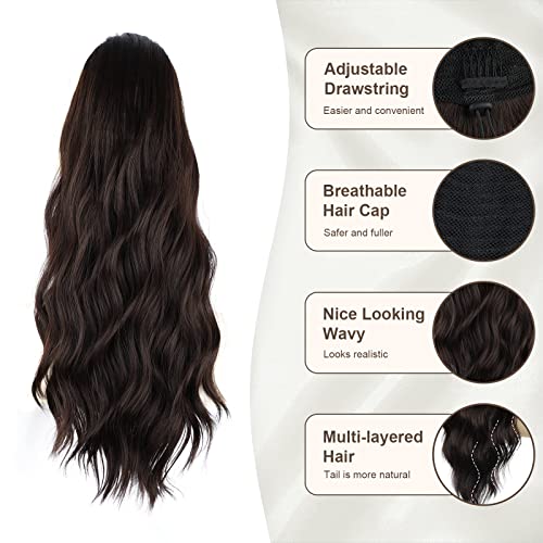 Ponytail Extension, 26 Inch Long Wavy Drawstring Ponytail for Women Dark Brown Pony Tail Hair Extension Synthetic Hairpiece for Daily Use