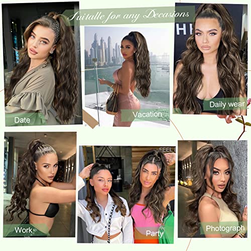 Ponytail Extension, 26 Inch Long Wavy Drawstring Ponytail for Women Dark Brown Pony Tail Hair Extension Synthetic Hairpiece for Daily Use