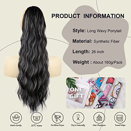 Ponytail Extension, 26 Inch Long Wavy Drawstring Ponytail for Women Dark Brown Pony Tail Hair Extension Synthetic Hairpiece for Daily Use