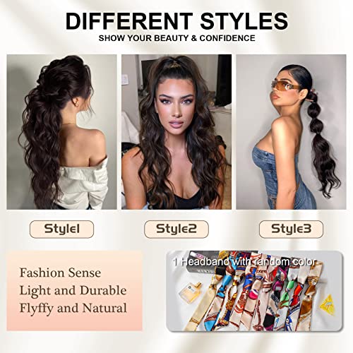 Ponytail Extension, 26 Inch Long Wavy Drawstring Ponytail for Women Dark Brown Pony Tail Hair Extension Synthetic Hairpiece for Daily Use